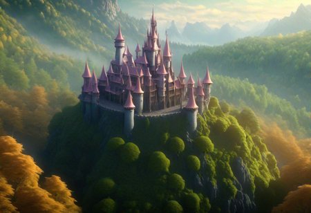 8K,  fairy tale castle surrounding by mystical forest, mountain on background