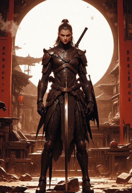 Japanese Culture Style, Neo Photorealistic Art, Emotional Photos, 35mm film, Young Japanese Woman in skintight black ninja bodysuit, A Japanese sword is stuck into the ground, smoking, Japanese shrine background with a centered white circle, white sphere on the background