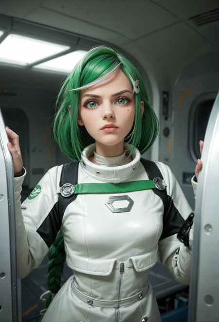 zPDXL2, (three quarter view:0.8), (pectoral focus:0.8), depth of field, highly detailed,
medium shot, solo, sber-chan, green hair, streaked hair, green eyes, single braid, white bow, long hair, mole under eye,
looking at viewer, serious,
hairclip, tight spacesuit, heavy boots,
Nostromo-style spaceship interior with dim lighting, industrial metal walls, control panels, narrow corridors, exposed pipes, flickering screens,
<lora:add-detail-xl:1.5> <lora:Sber-chan:0.9>