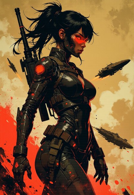 in the style of ck-mgs, nistyle, Inkplash art on rice paper, sepia, henna, Silhouette Art, magnificent, inksplash, closeup portrait, female bounty hunter, flowing black hair, reflective black and neon red armor, futuristic armor, sexy, curvy, large breasts, large ass, a rifle strapped to her back, holstered pistol, holding hand up, abstract background suggesting a harsh desert world, Spaceships flying overhead, dust storm, windy, 
Cowboy Shot, close up,