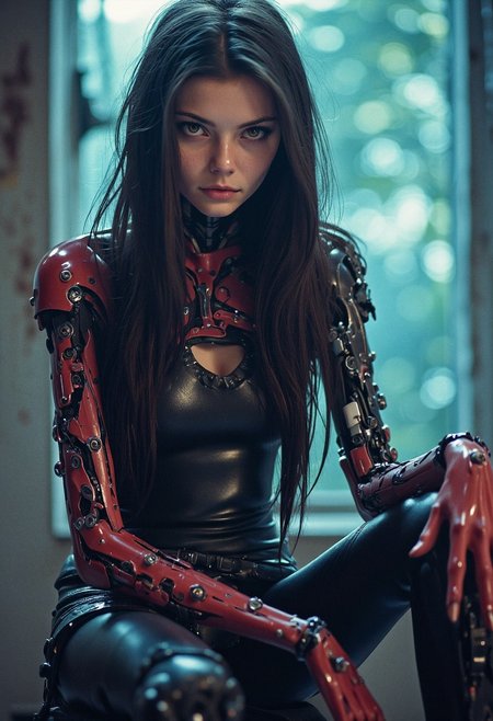 cinematic photo (best quality, masterpiece, colorful, dynamic angle, highest detailed), full body photo, fashion photography of cute 1girl, mechanical arms, cyborg, dark mood, dystopia, glowing, looking at viewer, sitting, long hair, bokeh (intricate details, hyperdetailed:1.15), detailed, moonlight passing through hair, (official cyberpunk art, extreme detailed, highest detailed), HDR+ . 35mm photograph, film, bokeh, professional, 4k, highly detailed, dramatic lighting, dark theme, low key  <lora:FLUX - DRKDLF - Styles for FLUX ( dramatic lighting, dark theme, low key ) :0.9> <lora:FLUX - Extremely Thin and Skinny:0.5> <lora:FLUX - Cyberpunk Anime Style:1>
