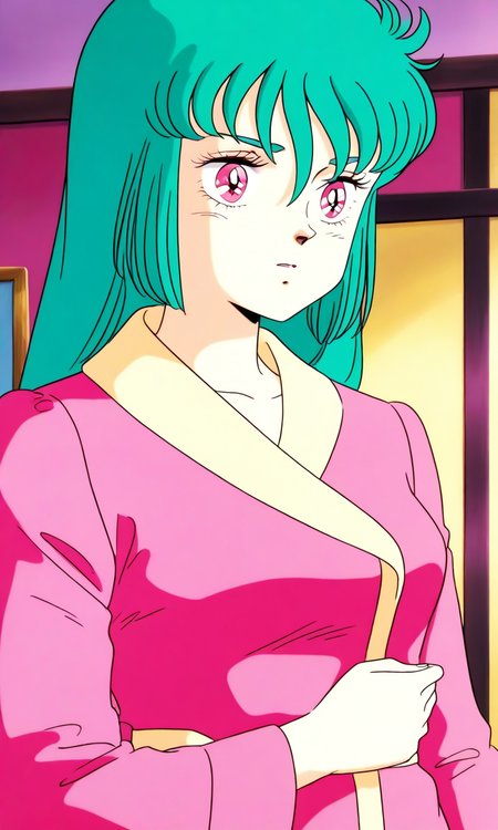 general,highres, ultra-detailed,very aesthetic,best quality ,best hands, BREAK <lora:Ciela_Lapana_gown_IS:1>
Ciela_Lapana(gown), 1girl, solo,  long hair, green hair, pink eyes, bangs, medium breasts, pink and Yellow gown, robe,
pajamas, indoors,  upper body, 
long sleeves, retro artstyle, 1980s (style), anime coloring,