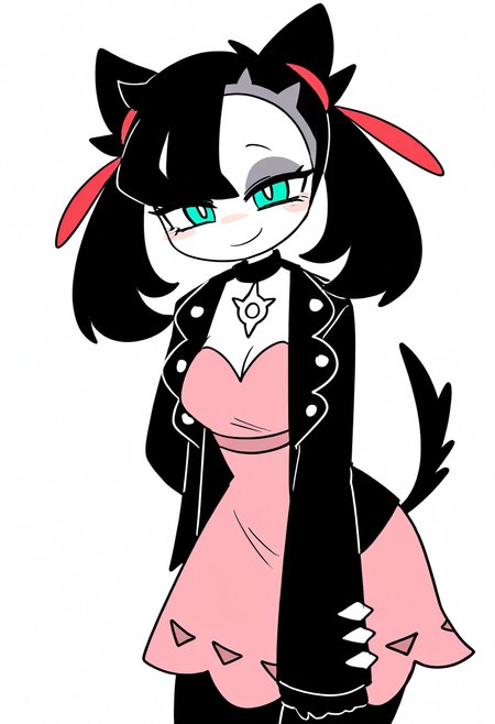 masterpiece, best quality, medium breasts, (curvy),   BREAK, zzMarnie, aqua eyes, black choker, red ribbon, pink dress, jewelry, black jacket, open clothes, long sleeves, <lora:MarniePokemon_NAI_v2:1.0>,smile, looking at viewer, cowboy shot,  leaning forward, head tilt,  <lora:ToonCAT_NAI:0.8>,