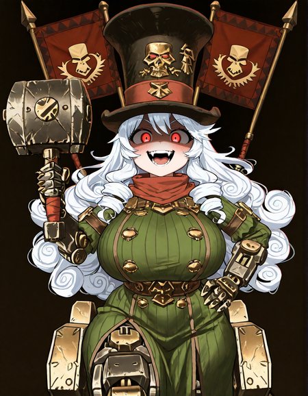 (2D,masterpiece,best quality,amazing quality,very aesthetic,high resolution,looking at viewer,ultra-detailed,1 girl,solo,source_anime,cute,huge_breasts,curvy,lovely,Simple black background), Astragoth Ironhand,top hat,flag,(holding Hammer:1.2),Iron hand,clothes,mecha,white hair,curly hair,long hair,Shortstack,one hand on hip,rape face, orgasm face, glowing red eyes, open smile, reverse_rape, open mouth,shaded face, scared face, yandere,fangs,blush,mechanical leg,<lora:Astragoth_Ironhand:1>, <lora:ValbunStyle-IL:0.6>