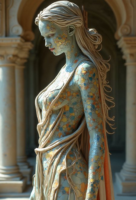 A hyper-realistic professional photo of a highly detailed depiction of a humanoid statue with organic, flowing designs. The statue wears elegant, flowing drapery made of mosaic-like tiles that seamlessly blend into its form. The drapery covers parts of the figure in an artistic, tasteful manner, with intricate patterns and nature-inspired textures. The colorful, fragmented tiles reflect light, creating a magical, shimmering effect. The statue's posture exudes both strength and serenity, framed by an ornate, surreal architectural backdrop that enhances the ethereal quality of the scene. The use of drapery and coverings balances artistic expression with modesty, ensuring the design remains visually captivating and refined