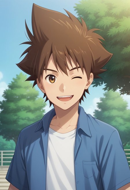 score_9, score_8_up, score_7_up, source_anime, highly detailed, 
taikizu, 1boy, brown hair, male focus, one eye closed, shirt, solo, smile, open mouth, white shirt, open clothes,
upper body, looking at viewer, :d,  blue shirt, short sleeves,
teeth, spiked hair, open shirt,
outdoor, sky, tree
