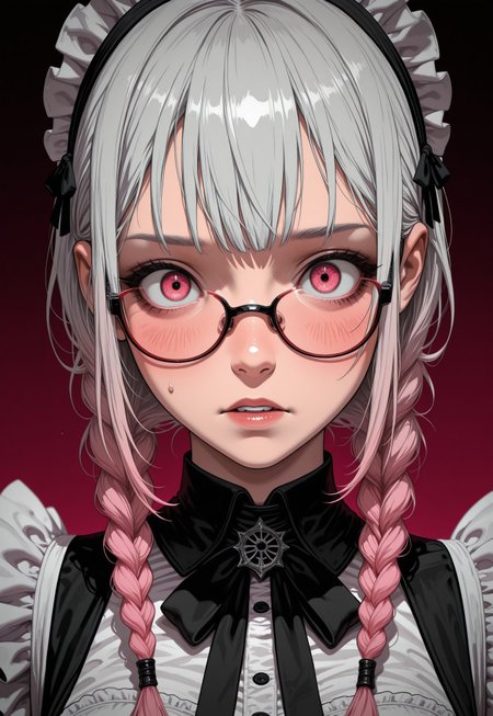 masterpiece, best quality, newest, highres, absurdres,no lineart, no outline, detailed, looking at viewer, 1girl, solo, chromatic aberration ,limited palette,tenebrism,close up, depth of field,blending,no lineart,no outlines,Sinozick_illu,gradient,spot color,M4gicalL1nes
Upper body, maid uniform, pink and yellow mixed braids, red rimmed glasses, surprised,shy
