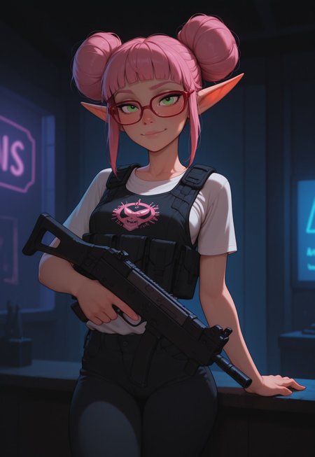 masterpiece, best quality, amazing quality, very aesthetic, DISNEY_ANIMATION, incoth, (incase:0.6), female, solo, (depth of field), indoors, nightclub, cyberpunk, night time, cowboy shot,

elf, pink hair, green eyes, cute face, slim, small breasts, double buns, blunt bangs, beautiful, kawaii, (small ears), (short ears),

tactical vest, red glasses, white t-shirt with logo, black jeans, submachine gun,

holding gun, dynamic pose, looking at viewer,