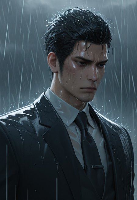 masterpiece, best quality, amazing quality, absurdres, newest, detailed background, definition so sharp, Ultra-HD, 8K cinematic, very awa, impressionate, amazing quality, highres, realistic, 
solo, male focus, manly, gloomy, rain, wet, cloudy,
kiryuchan, kiryuchan_black hair, kiryuchan_black eyes, 1boy, solo, male focus, short hair, facial hair, sideburns, formal, white collared shirt, black blazer, black tie, serious face, sad face