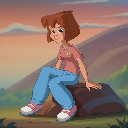 score_9_up, score_8_up, BREAK, BudgieFerngully, 1girl, solo, brown hair, short hair, brown eyes, shirt, blue pants, pink shoes,  <lora:Budgie_Ferngully_PXL_Leaf2:1>, looking at viewer,  sitting on rock,