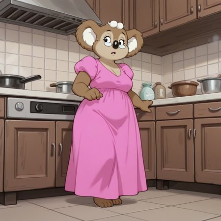 masterpiece, best quality, amazing quality, mrskoalabbil, semi-anthro, female, koala, brown fur, black eyes, round glasses, pink dress, puffy short sleeves, long dress, full body, standing, in kitchen, solo