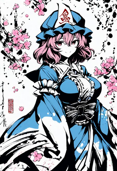 score_9,score_8_up,score_7_up,ink \(medium\),Ink wash painting,greyscale,monochrome,foreshortening,intricate details,1girl,solo,thyuyuko,saigyouji yuyuko,pink hair,bangs,hair between eyes,large breasts,triangular headpiece,hat,mob cap,  headwear,long sleeves,frills,wide sleeves,looking_at_viewer,cowboy_shot,smile,arms_at_sides,outdoors,Japanese style room,petals dancing in the wind,petals background,<lora:okazu_XL_PONY_v1.1:1.7>,<lora:thyuyuko.pony:0.8>,<lora:Anipai_style-07:0.7>,<lora:cfg_scale_boost:0.3>,zPDXL3,