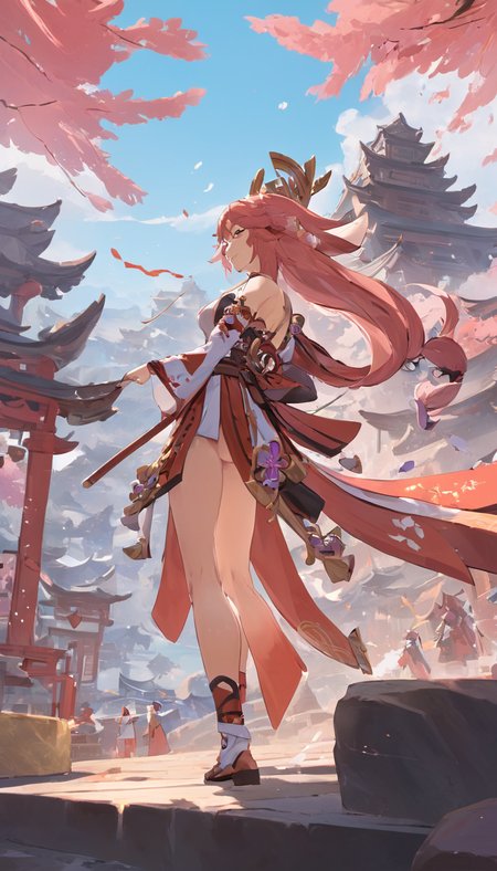 concept art Cinematic scene, hero view, Yae Miko, Genshin Impact <lora:yae_miko_xl_v1:1>, action pose, detailed background, masterpiece, best quality, high quality, highres, absurdres . digital artwork, illustrative, painterly, matte painting, highly detailed