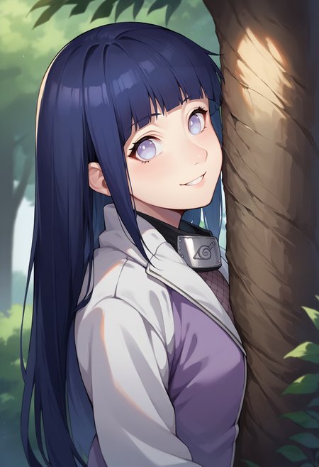 ScorEmCo-v1, BGEmbDet-v1, source anime,  
hinata_part2, long hair, two-tone jacket, konohagakure symbol, forehead protector, fishnets, from side, leaning on tree, smiling, head tilt, looking at viewer,
<lora:hinataXL:1>
