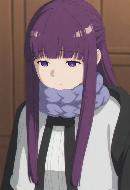 masterpiece, best quality, amazing quality,,, shiny skin,,,,,,, <lora:Fern:1> f3rn, fern (sousou no frieren), long hair, purple hair, blunt bangs, sidelocks, straight hair, purple eyes,, capelet, white capelet,white dress, black coat, purple scarf,