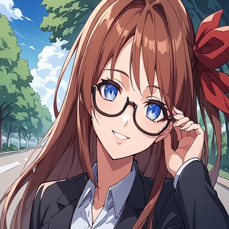 score_9,score_8_up,score_7_up, masterpiece, 8k, highres, wallpaper, source_anime,  park, blue sky, medium shot, close up, pov,
<lora:Akane_Himeyama:1>, 1girl, solo, medium shot, portrait, 
brown hair, long hair, red hair ribbon, 
blue eyes, 
female office suit, glasses,
smiling,