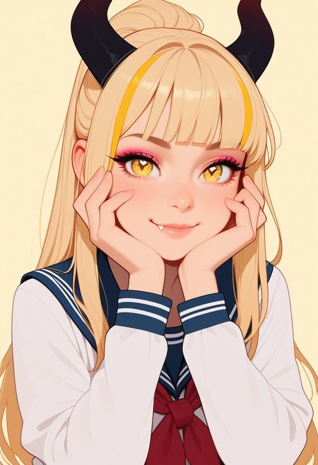 HDR, 8K, high contrast, masterpiece, best quality, amazing quality, very aesthetic, realistic, newest, volumetric lighting, 
(artist:incase:0.5), (artist:tsuaii:0.5), (flat colors:2), haiz_ai, no lineart, no outline, 
1girl, solo, long hair, looking at viewer, smile, simple background, shirt, blonde hair, long sleeves, closed mouth, school uniform, white shirt, upper body, yellow eyes, ponytail, blunt bangs, sailor collar, streaked hair, fingernails, hands up, neckerchief, symbol-shaped pupils, eyelashes, lips, makeup, demon horns, portrait, blue sailor collar, yellow background, red neckerchief, eyeshadow, head rest, star-shaped pupils, black horns, hands on own face, fang out, hands on own cheeks, long eyelashes, pink