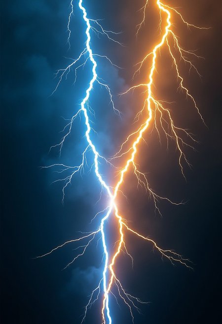 Two lightning bolts crashing into one another, one lightning bolt is blue and the other is yellow, both bolts are crackling with energy, the two bolts meet in the middle of the image, it almost looks as though the two lightning bolts are competing with each other, the image is cinematic and jaw dropping, it is highly detailed, a masterpiece
