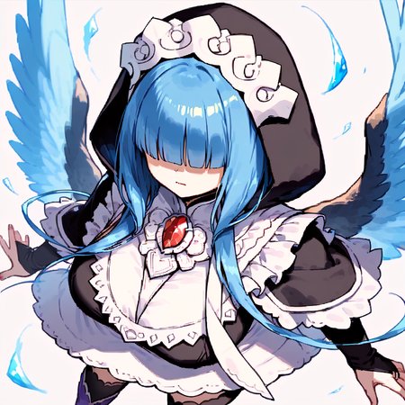 score_9, solo
 <lora:Mahoko:0.8> mahoko, blue hair, wings, hood, hair over eyes, hood up, capelet, gem, purple footwear, blunt bangs, large breasts
 <lora:fatesmaid-fe-richy-v1_pdxl:0.8> fates maid, maid headdress, maid apron, bridal gauntlets, black thighhighs