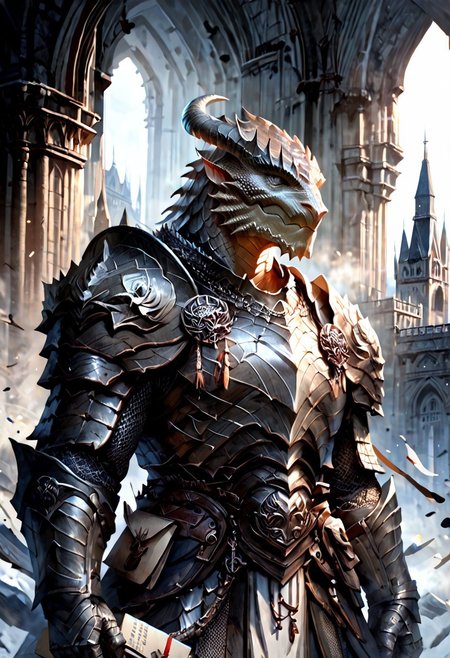 score_9, score_8_up, 8, score_7_up, score_6_up, solo,  massive dragonborn with strong armor, in the cathedral , dutch angle, scale mail armor, 40 year old, FFAOR,