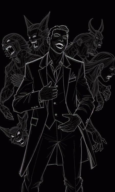 GraphitStyle, Create a minimalist line-art illustration of a man in a suit, surrounded by grotesque and monstrous figures. Use clean, sharp white lines on a solid black background to outline the man's exaggerated expression, laughing with his hand on his chest, as well as the chaotic, swirling forms of the surrounding demons. Focus on the contrast between the man's calm, composed posture and the wild, menacing energy of the creatures around him.

The man's suit is drawn with smooth, crisp lines, while the monsters are depicted with more dynamic, angular strokes to suggest their distorted features—sharp teeth, horns, and snarling faces. Each creature is unique, but drawn with minimalist, abstract details to convey their grotesque forms without overwhelming the composition.

The background remains completely black, emphasizing the contrast between the central figure and the surrounding chaos. The overall mood is surreal and unsettling, with the minimalist line-art style heightening the tension between order (the man) and chaos (the demons).