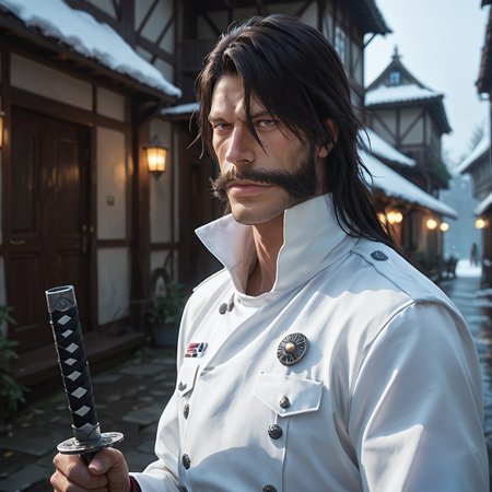 score_9, score_8_up, score_7_up,  score_6_up, score_5_up, score_4_up, masterpiece, high quality, detailed
1man, long black hair, dark brown hair, huge mustache, pronounced cheekbones, long nose, thin eyebrows, white boots, brown eyes, maroon-black cloak, broad chin, white uniform, close-up, upper body, <lora:yhwach:1> looking to the side, moonlight, stars, mysterious, dark, holding a sword , weapon, village , walking, heavy snow