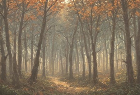 score_9, score_8_up, score_7_up, score_6_up, lanscape, very Peaceful, forest, large and tall trees, giant forest, sunset central focus is an ancient old oak tree