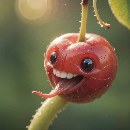A Tony Smiling cute worm looking Out of a ripe Cherry, macro Closeup, limited dark palette, vibrant colors, faded, atmospheric haze, highly dramatic cinematic lighting, motion blur, film grain,  professional, excellent composition, finest details, maximized details, ultimate detail level, masterpiece, best quality, ISO 300, 1/250s, F/2,8, 38 mm, extremely high quality RAW photograph, 4k, sharp focus, high resolution, 8k UHD, DSLR, high quality, film grain, Fujifilm XT3
