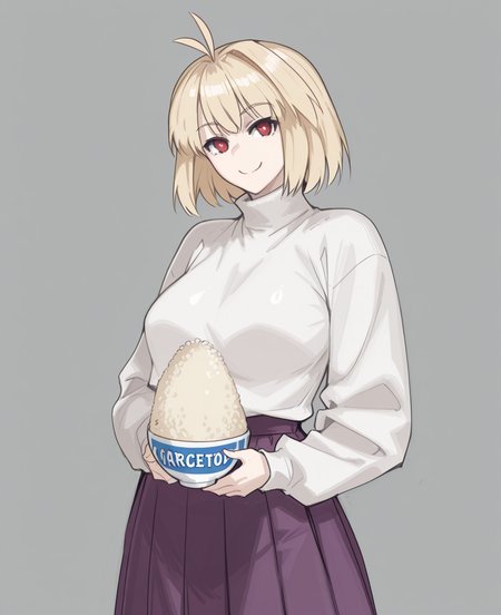 <lora:jonyeld:1> jonyeld,
(masterpiece), (best quality), (ultra-detailed), amazing quality, very aesthetic, illustration, perfect composition, intricate details, absurdres, incredibly absurdres, shiny skin, realistic,
 jonyeld, arcueid brunestud, purple skirt, solo, skirt, 1girl, blonde hair, red eyes, smile, short hair, sweater, white sweater, grey background, long sleeves, looking at viewer, turtleneck, simple background, antenna hair, breasts, food, , closed mouth, rice, pleated skirt, turtleneck sweater, arcueid brunestud, general