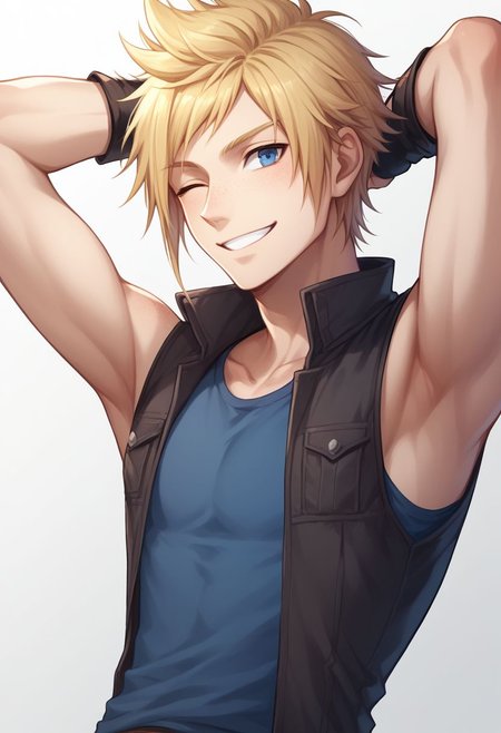 score_9, score_8_up, source_anime, highly detailed, 1boy, solo, male_focus, slender, skinny, upper body,
prompto, 1boy, male focus, solo, blue eyes, blonde hair, gloves, fingerless gloves, freckles, shirt, sleeveless, smile, hands behind head, wink,
indoor,