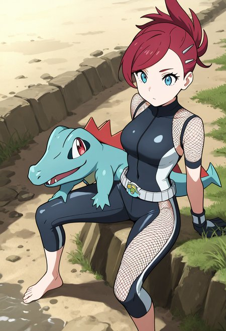 masterpiece, best quality, 1girl, solo, eyelashes, (beautiful eyes), dynamic pose,   zzTotodile, 1girl, solo, side-swept bangs with tooth clip, slicked-back undercut, sleeveless wetsuit with open sides, fishnet crop jacket, gator-scale belt, cut-off leggings, barefoot on wet rocks near rapids.     ,<lora:BulbasaurPokedex_IXL:1.0>,