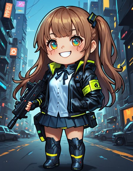 score_9, score_8_up, score_7_up,
u45gf, official_costume,
holding assault rifle,
cute, smiling,
((chibi)),
cyberpunk futuristic city background,
 <lora:ump45:0.9>