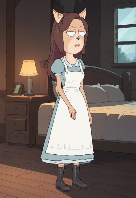 score_8, score_8_up, score_7_up, 1girl, female focus, Solo, furry, Arthricia_RaM, feline, cat nose, pointed ears, cat ears, light brown fur, darker brown hair, hair flowing, light blue dress, white apron, long black boots, full body, indoors, bed, bedroom, nightstand, lamp, window, standing, open eyes, Serious