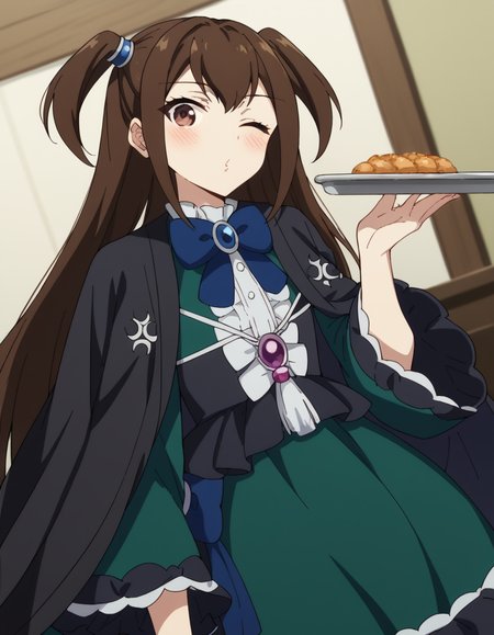 score_9, score_8_up, score_7_up, source_anime, <lora:kizuna-kazayama-s2-ponyxl-lora-nochekaiser:1>, kizuna kazayama, long hair, brown hair, brown eyes, two side up,, long sleeves, dress, bow, frills, wide sleeves, bowtie, cape, blue bow, brooch, green dress, black cape,, cafeteria, tables, food trays, chairs, line, , <lora:blowing-kiss-ponyxl-lora-nochekaiser:1>, blowing kiss, pucked lips, heart, one eye closed, o3o, hand up, bed room, bed, blush, cowboy shot, dutch angle,, looking at viewer, solo,, dutch angle, cowboy shot
