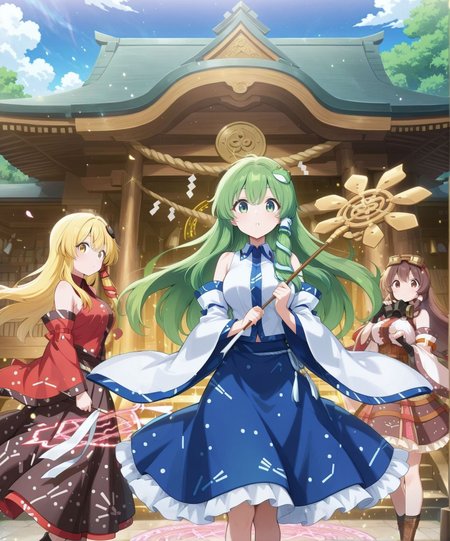 3girls, dynamic pose, outdoors, light particles, looking at viewer, sky, magic circle, danmaku, moriya shrine, alongside, side by side, floating hair, BREAK
absurdres, highres, masterpiece, best quality, amazing quality, official anime artwork, screencap, anime screencap, <lora:Sanae-Kochiya_IllustriousV2:1>  BREAK
kochiya sanae, 1girl, solo, yellow eyes, blonde hair, long hair,, black frog hair ornament, red snake hair ornament, kochiya sanae \(human-deity duality\), alternate costume, alternate hair color, alternate eye color, red shirt, collared shirt, detached sleeves, wide sleeves, black skirt,
BREAK
kochiya sanae, 1girl, solo, green eyes, green hair, long hair,, frog hair ornament, hair tubes, snake hair ornament, collared shirt, white shirt, detached sleeves, wide sleeves, blue skirt, frilled skirt,
BREAK
kochiya sanae, 1girl, solo, brown eyes, brown hair, long hair,, brown frog ornament, brown snake ornament, kochiya sanae \(legacy of steel and steam\), alternate costume, alternate eye color, alternate hair color, goggles on head, brown goggles, gas mask, bare shoulders, sleveless top, white top, frilled sleeves, detached sleeves, wide sleeves, white sleeves, black gloves, fingerless gloves, holster, ammunition belt, white skirt, frilled skirt, holding staff,