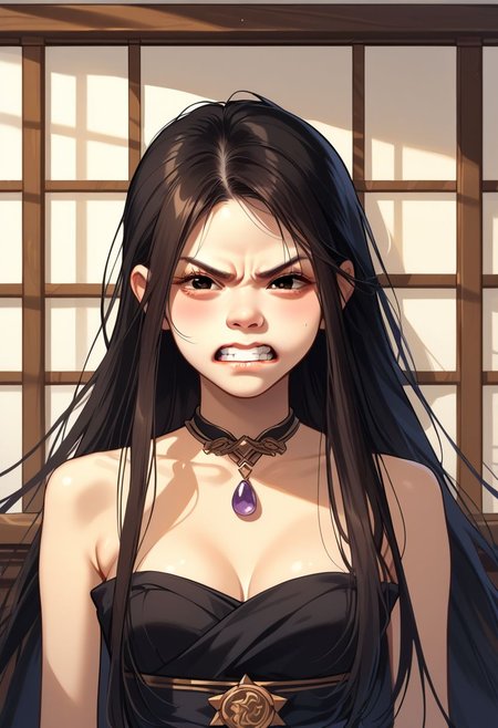 score_9, score_8_up, score_7_up, 8k uhd, masterpiece, best quality, high quality, absurdres, ultra-detailed, (highly detailed), OverallDetail, Expressiveh, 
,
((( Uncensored, face close-up view )))
,
(((1girl, solo)))
,
(MirandaT, slender, black hair, long hair, straight hair, purple necklace, black eyes, strapless dress, black dress)
,
((( WoodenHW, background, indoor)))
,
((( Angry, clenched teeth)))
