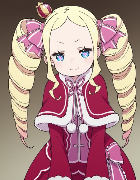 score_9, score_8_up, score_7_up, source_anime, <lora:rezero-beatrice-s3-leak-ponyxl-lora-nochekaiser:1>, beatrice, long hair, blue eyes, blonde hair, twintails, hair ribbon, sidelocks, symbol-shaped pupils, drill hair, twin drills,, dress, ribbon, fur trim, capelet, crown, mini crown, red capelet, frills, bowtie,, indoors, bent over, smile, smug, looking at viewer, solo,, cowboy shot, dutch angle