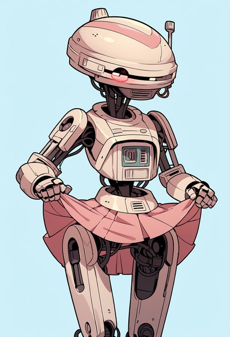 score_9, score_8_up, score_7_up, score_6_up, score_5_up, score_4_up, 1girl, <lora:L337:0.85> solo, no humans, robot, humanoid robot, helmet, dance, wearing a pink dress, cute pose, blush, skirt lift, 
light blue background, simple background,