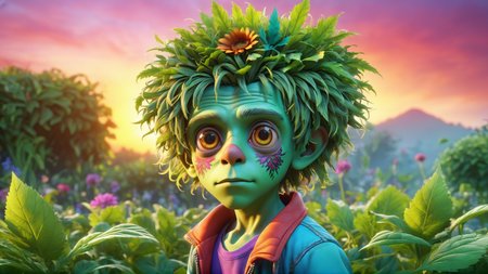 a (male ((vibrant:adorable:.4) ((detailed) (realistic) zombie:(weed):.3) with (leafy hair))) in a (((beautifull) (vibrant) (flowery) garden):((beautifull) (vibrant) (flowery) garden):.3) at (dawn vibrant sunrise) while its (windy:clear:.8), (raw) (photorealistic) (max detailed)