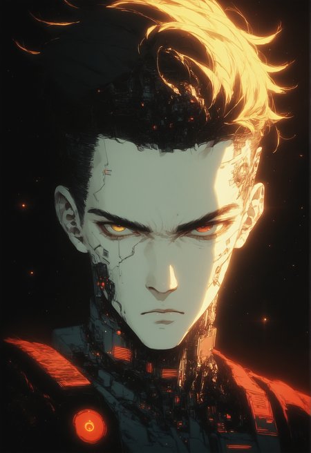 score_9, score_8_up, score_7_up, score_6_up, score_5_up, score_4_up, 
1boy, cyberpunk, dramatic lighting, lens flare, looking at viewer, pale skin, red eyes, yellow eyes, gradient eye color, holographic interface