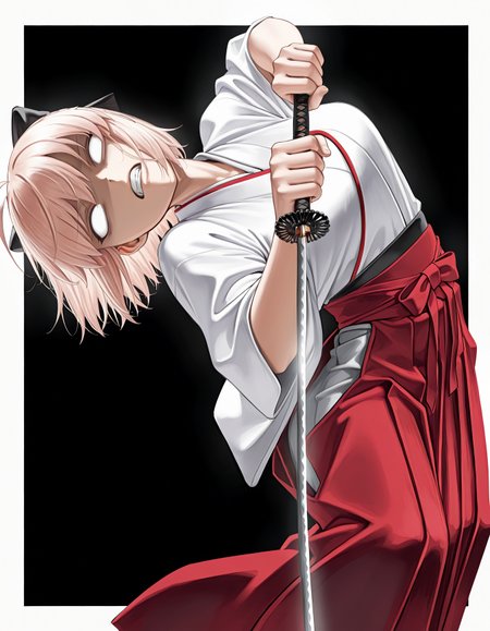 1girl, solo, okita souji \(fate\), 
hakama, 
clenched teeth, blank eyes, sword, 
mumyou-sakanagare, holding sword, (leaning back:1.1), (leaning to the side:1.1), 
black background, 
looking at viewer, cowboy shot, 
<lora:mumyousakanagareillv1.1:1>,, masterpiece, best quality, amazing quality, very aesthetic, absurdres, highres, newest,<lora:xl_saturation_slider:0.1> <lora:add-detail-xl:1> <lora:illustriousXLv01_stabilizer_v1.121:0.4> <lora:reduce_wrinkles_illstriouosv0.1_ADDifT_2_in_1_v1.2:0.9>