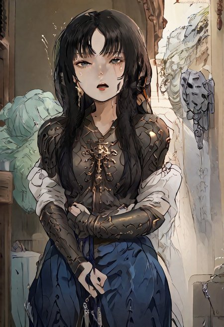 ((score_9), score_8_up, score_7_up), score_6_up, masterpiece, hands, Expressiveh, perfection, detailed, perfect, sexy pose, open mouth, 1girl, tomie kawakami, solo, ( female japanese warrior)), (small arms)), ((barely covered)), (skimpy armour)), (visibly nervous), (chubby face), (voluptuous body), trembling, (holding large axe), ((looking around)), (((slim waist))),(fantasy_tavern_background)