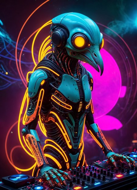 Ombre color scheme of neon orange, neon pink, neon blue, neon yellow, neon green, biomechanical cyberpunk psychedelic style cute weird (alien|penguin) creature DJing (at a rave:1.1)  (giant speakers:1.2) (crowd distant background:1.15) (bokeh volumetric lighting, fog:1.1)  <lora:fx-monsters:0.35> fx-monsters  <lora:add-detail-xl:1> <lora:sss:0.8> <lora:xl_more_art-full_v1:0.35> <lora:The_Dark_Side_Of_The_Future:0.25>  <lora:vibracol:0.5> vibracol, subsurface scattering, Photorealistic, Hyperrealistic, analog style, realistic, film photography, soft lighting, heavy shadow . vibrant colors, swirling patterns, abstract forms, surreal, trippy . cybernetics, human-machine fusion, dystopian, organic meets artificial, dark, intricate, highly detailed