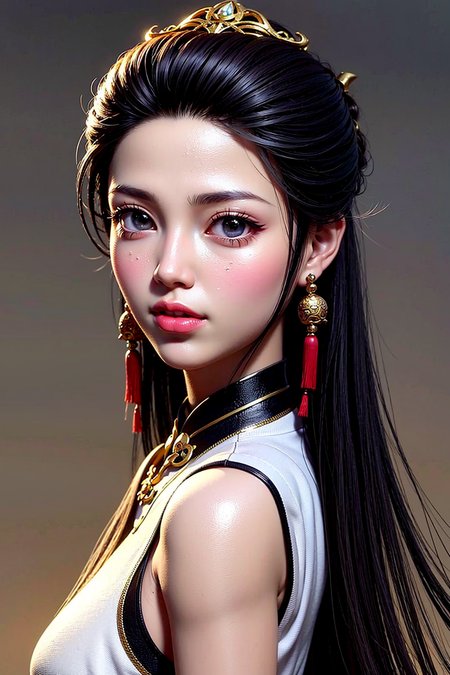 (best quality:1.3, masterpiece:1.3), ultra high res, (1girl, solo), atmospheric perspective, detailed face, upper body, make up, pink lips, parted lips, shiny skin, (brown hair), very long hair, looking at viewer, red eyes, earrings, small breasts, slim body,(white silk) ,(((east asian architecture, riverside, beautiful background))), perfect lighting, (front lighting), physically-based rendering, <lora:fashionGirl_v51:0.66>