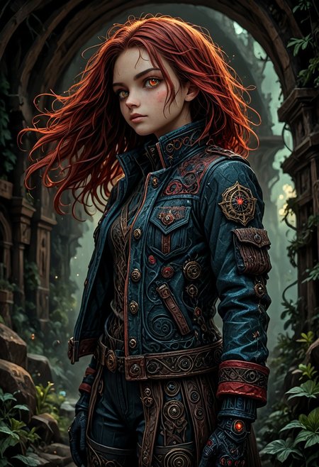 1girl, side view, she is Nausica of the Valley of the Wind, solo, masterpiece, absurdres, best quality, (colorful), cinematic lighting, realistic, dynamic pose, extremely detailed, head turned to look at viewer, red hair, beautiful detailed face,(intricate detailed blue short military jacket with gold inlaid, short miniskirt, military black boots),  stands alone on top of a crag among the mountains with a deep valley below, there are big stone windmills down in the valley with their blades turning in the strong wind, solo, masterpiece, absurdres,  dynamic pose, the Sun shines over her, sun rays in her hair,subsurface scattering, remarkable color, ultra realistic, textured skin, remarkable detailed pupils, realistic dull skin noise, visible skin detail, skin fuzz, dry skin, bokeh, sharp focus on subject. perfect eyes, detailed eyes, no headgear,extremely detailed, looking at viewer, beautiful detailed face, subsurface scattering, remarkable color, ultra realistic, textured skin, remarkable detailed pupils, realistic dull skin noise, visible skin detail, skin fuzz, dry skin, bokeh, sharp focus on subject. perfect eyes, detailed eyes,