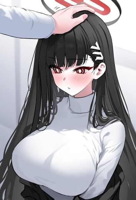 blue archive, rio \(blue archive\), 1girl, black hair, blush, breasts, hair ornament, hairclip, halo, headpat, large breasts, long hair, long sleeves, red eyes, solo focus, sweater, white sweater, masterpiece, best quality, good quality