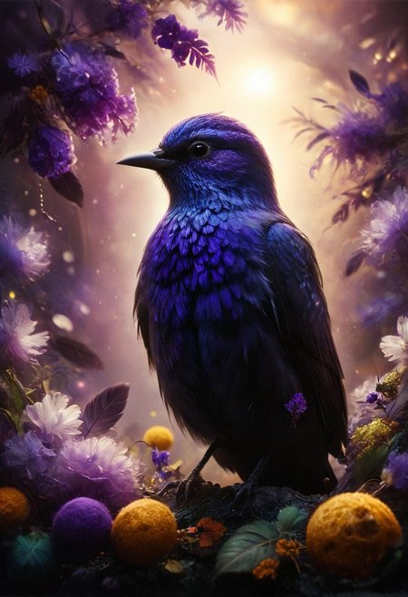 ral-apoctvisn, dark, chiaroscuro, low-key, breathtaking masterpiece showcasing a gorgeous little bird, Violet-crowned nymph,  bathed in soft, golden morning light, surrounded by vibrant bokeh balls that frame its delicate form. The image will be rendered in sharp detail, capturing every feather and intricate feature of the bird with stunning clarity. The soft, diffused lighting will enhance the warmth and radiance of its plumage, while high-quality bokeh adds a magical touch to the scene. Multiple image exposures will be expertly combined to emphasize the bird's vibrant colors and captivating gaze, resulting in a lifelike portrayal of tranquil beauty.
The artwork will feature shimmering digital colors in a mixed media style on textured paper, creating an overlapping, asymmetrical, abstract composition bursting with vibrant hues. Every inch of the image will be filled with intricate details, from the feathers of the nymph to the surrounding environment, all depicted in extreme detail. The wide range of colors will add depth and richness to the scene, with soft shadows and low saturation tones creating a serene yet evocative atmosphere.
With insane quality, resolution, and details, the final image will be a true masterpiece of nature photography, showcasing dramatic, dynamic, and cinematic elements. The sharp details will bring the scene to life, immersing viewers in the beauty and wonder of the Violet-crowned nymph in a way that is both breathtaking and captivating.