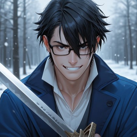 masterpiece, best quality, amazing quality, absurdres, newest, detailed background, definition so sharp, Ultra-HD, 8K cinematic, very awa, impressionate, amazing quality, highres, 
solo, male focus, manly, mature male, bara, charming, cool, badass, cold light, blurry background, outdoor, 
1boy, short hair, glasses, saruhikofushimi, saruhiko_black hair, saruhiko_black eyes, blue coat, collared shirt, upper body, sword,
grin, smirk, excited, upper body, holding sword, looking at viewer, front,