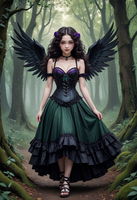 (medium full shot) of (mesmerizing dark angel with black wings) young woman, tiny build, extra long dark curly down hair, chinese, pale skin, hazel eyes, dressed in a dark green corset, midi skirt with ethereal accents, strappy sandals with dark accents, dark purple lipstick, obsidian pendant necklace gothic choker, set in  a mystical ancient forest, with radiant blooms, ethereal light, ancient trees, magical ambiance, woman smiling, ,Masterpiece,best quality, raw photo, realistic, very aesthetic