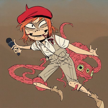 score_9, score_8_up, score_7_up, score_6_up, score_5_up, score_4_up, in hewlls artstyle, Axolotl Beetle, Circle Eye, Dot Pupils, Zig Zag Mouth, Red beret, White Vest, six tentacles legs, by Guillaume Renard \(skchkko\), looking at viewer, Evil Happy, holding Microphone, running, Desert, digital illustration, <lora:Jamie_Hewlett_GorillazTank_Girl_Style_Pony-000007:0.9>